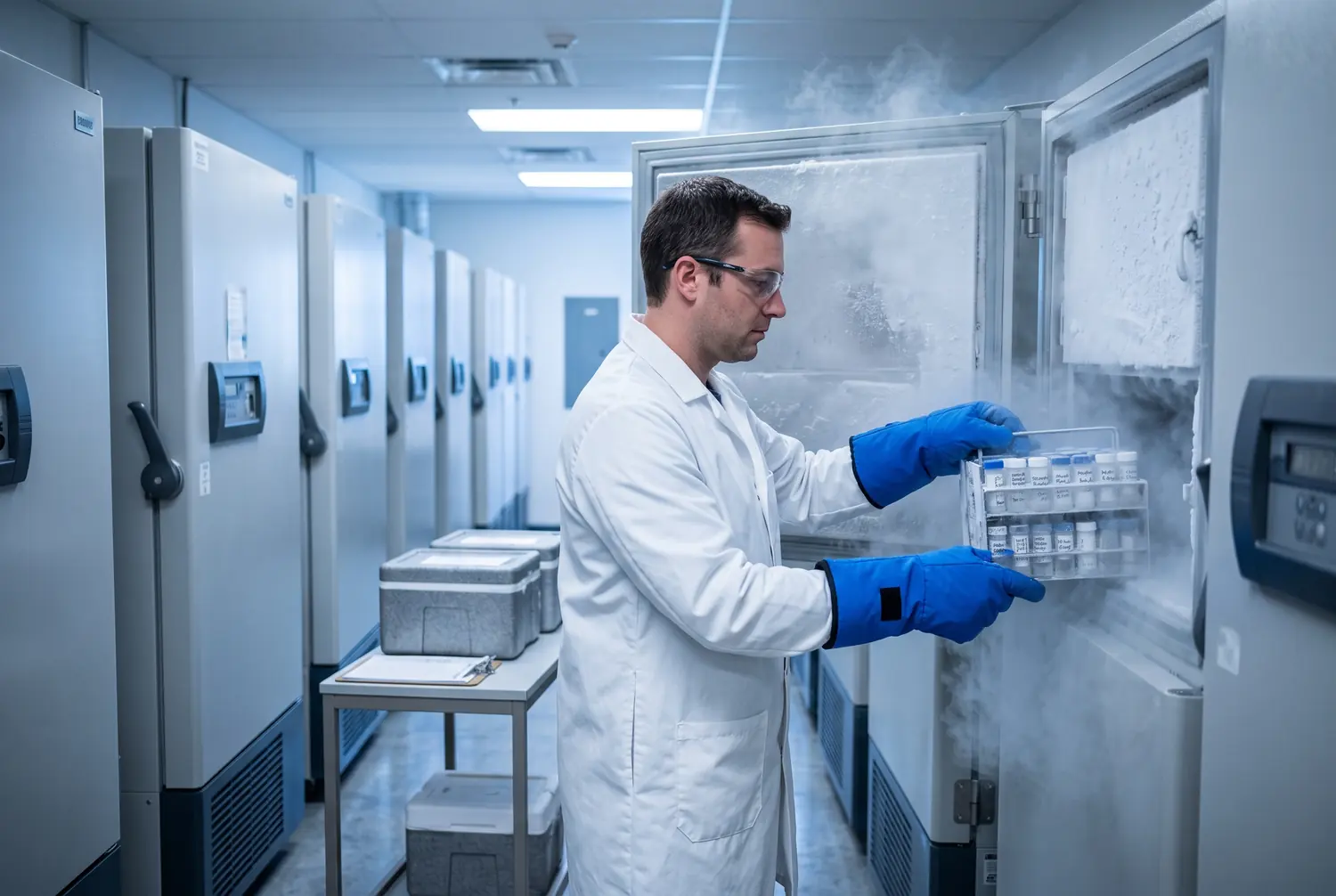 Technician retrieving a rack of sample vials from an ultra-low-temperature freezer