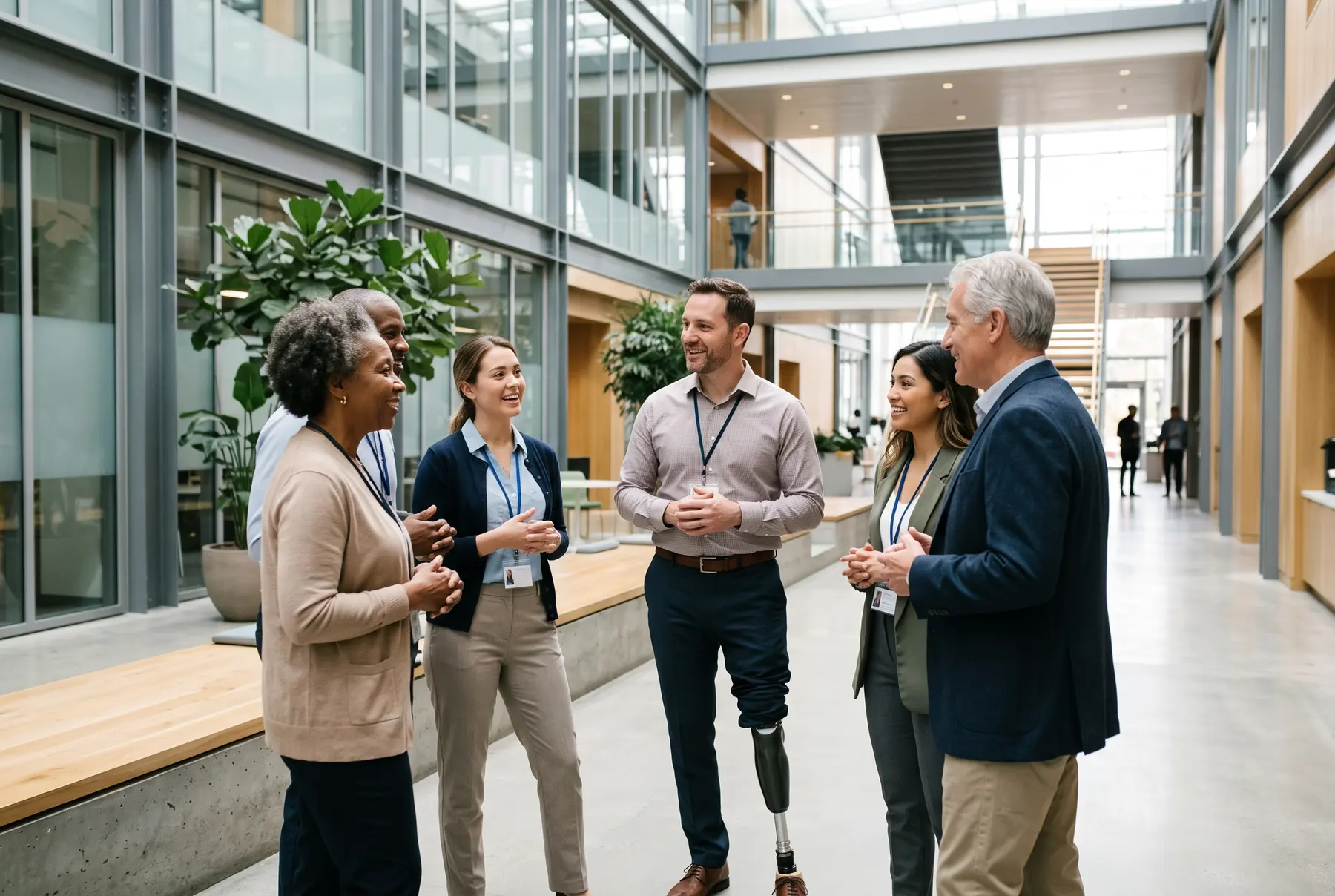 A diverse group of colleagues, including a veteran with a prosthetic leg, talking in an office atrium