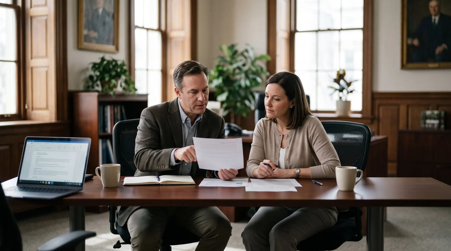 Contracting professional and program manager reviewing documents at a desk