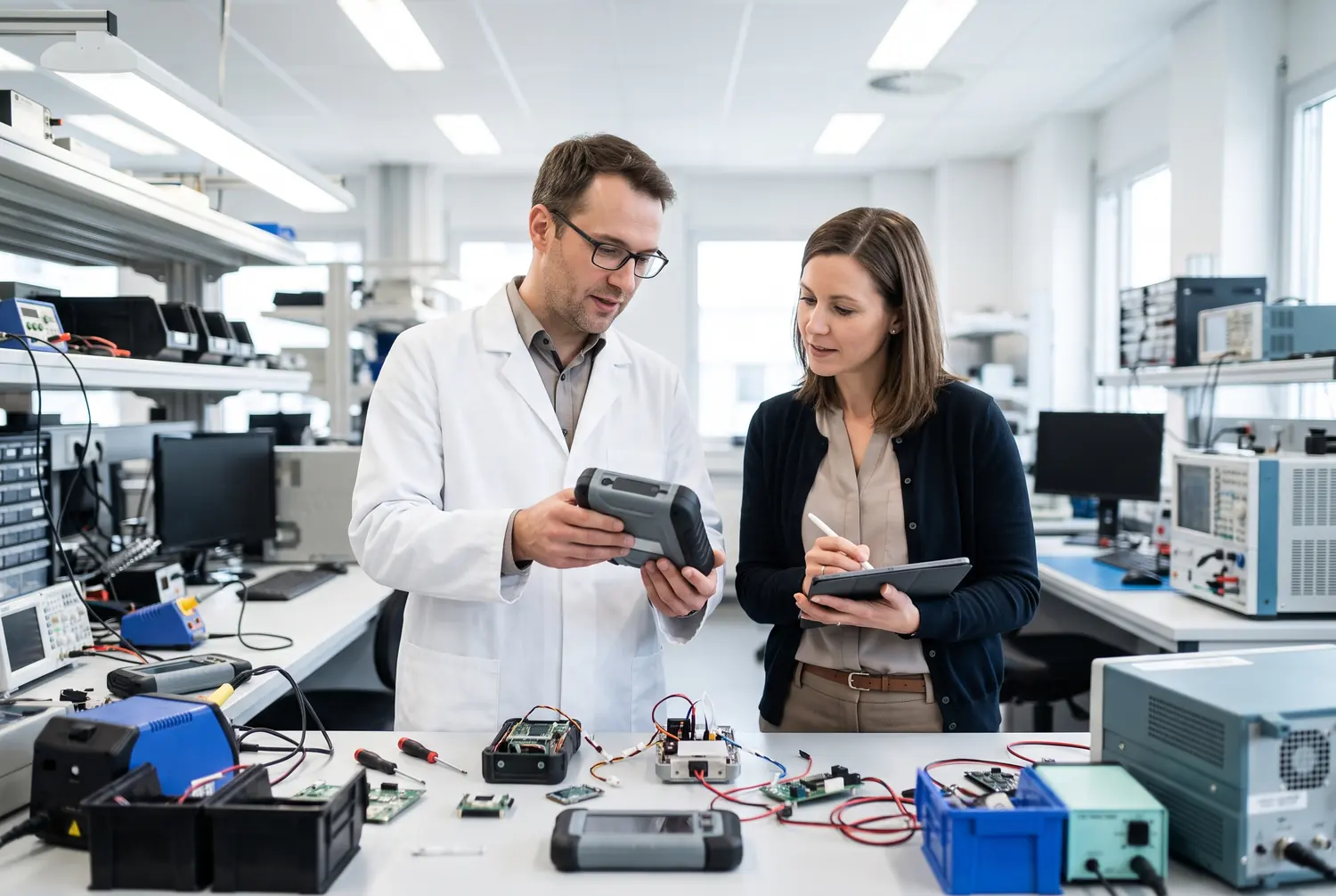 Engineer and colleague reviewing a handheld diagnostic device in a product development lab
