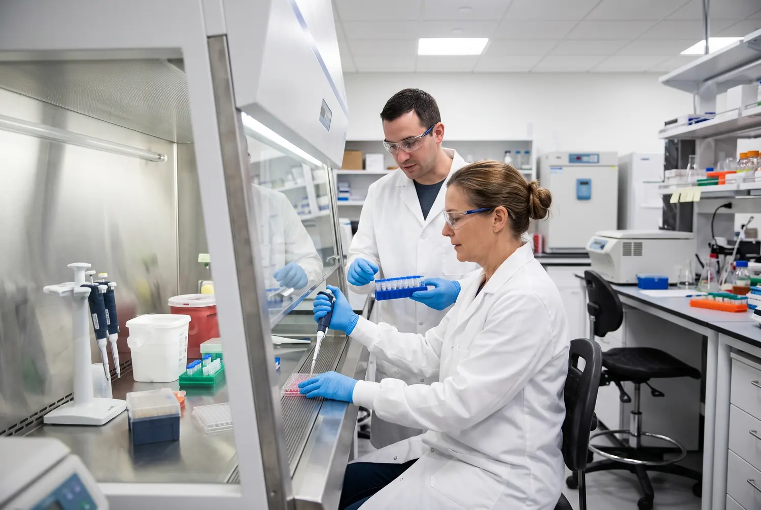 Two scientists working at a biosafety cabinet in a public health laboratory
