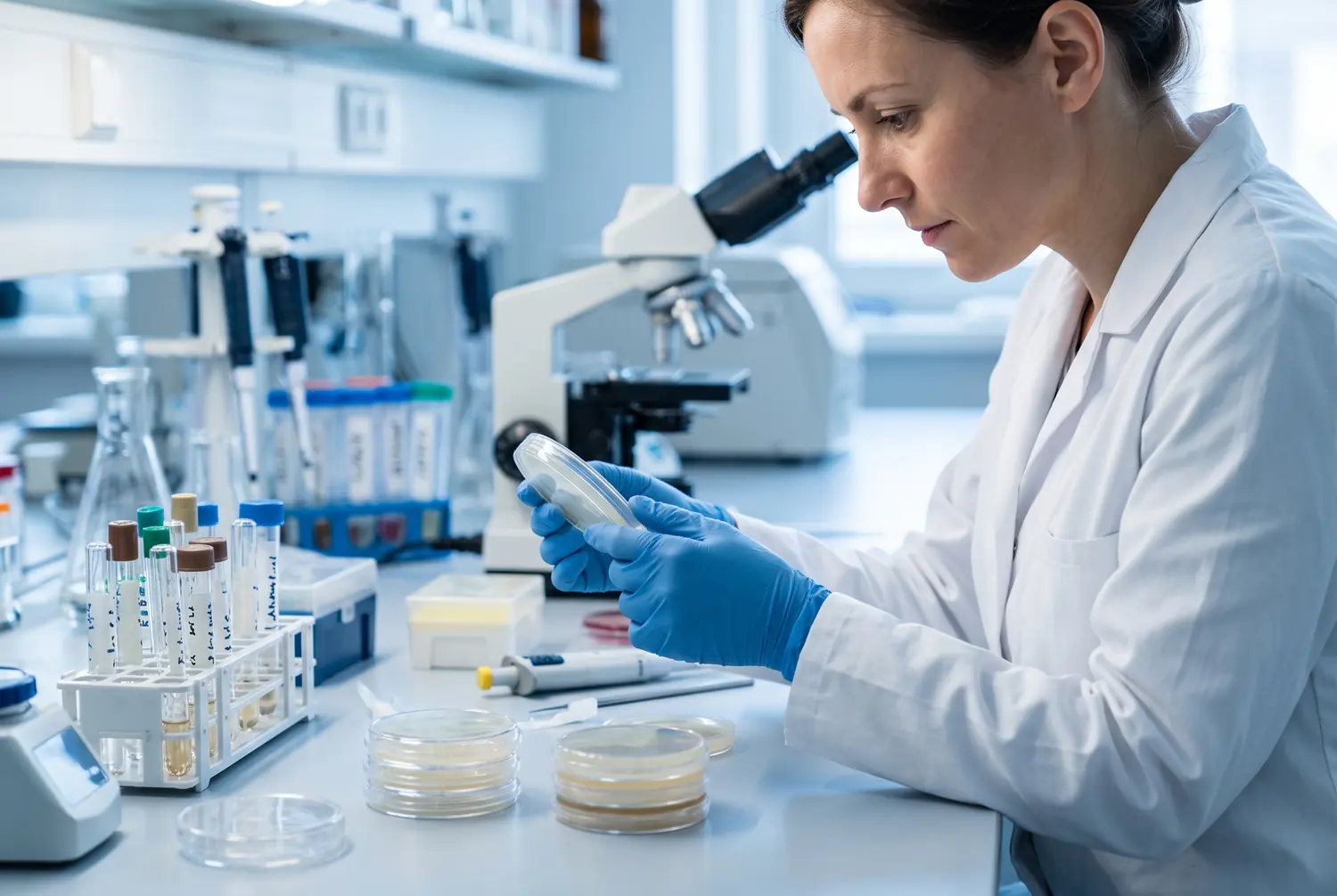 Microbiologist examining a culture plate beside a microscope and sample tubes